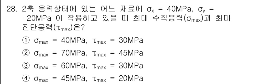건설기계설비산업기사 2020년 28번 - 주어진 문제에서 최대 전단응력을 구하기 위해서는 주응력과 관련된 공식인 ... 에 관한 핵심 기출문제