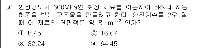 건설기계설비산업기사 2020년 30번 - 단면적을 구하는 공식은 \( A = \frac{F}{\sigma} \)입... 에 관한 핵심 기출문제