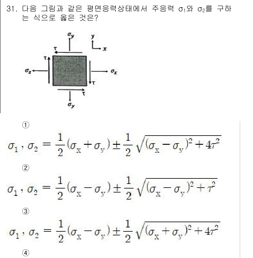 건설기계설비산업기사 2020년 31번 - 주어진 문제는 평면응력 상태에서 주응력 \( \sigma_1 \)과 \(... 에 관한 핵심 기출문제