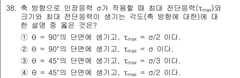 건설기계설비산업기사 2020년 38번 - 주어진 문제에서 최대 전단 응력(τmax)은 축 방향과의 각도에 따라 결... 에 관한 핵심 기출문제