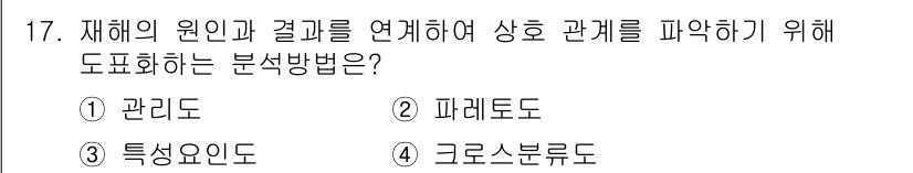 건설안전산업기사 2020년 17번 - 정답인 '3. 특성요인도'는 재해의 원인과 결과 사이의 관계를 명확하게 ... 에 관한 핵심 기출문제