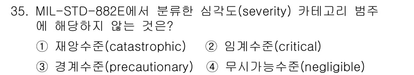건설안전산업기사 2020년 35번 - MIL-STD-882E에서 심각도(severity) 카테고리는 주로 재앙... 에 관한 핵심 기출문제