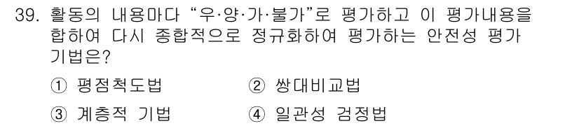 건설안전산업기사 2020년 39번 - 정답인 '1. 평점척도법'은 활동 내용을 '우·양·가·불가'로 평가한 뒤... 에 관한 핵심 기출문제