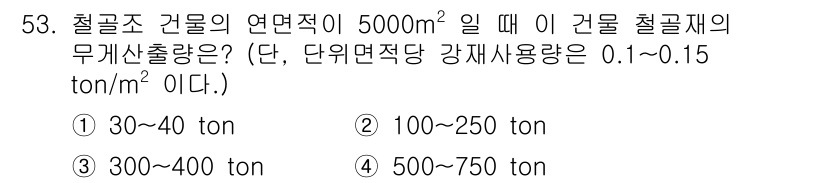 건설안전산업기사 2020년 53번 - 주어진 면적(5000m²)과 강재 사용량(0.1~0.15 ton/m²)을... 에 관한 핵심 기출문제