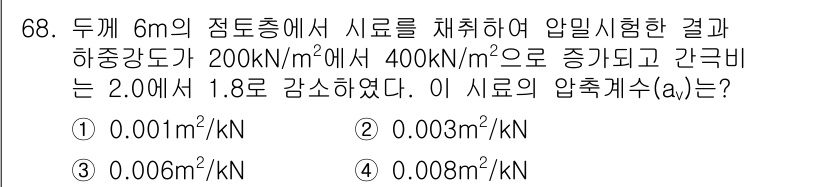 건설재료시험산업기사 2020년 68번 - 주어진 문제에서 시료의 압축계수(a)는 하중과 변형량의 관계를 통해 구할... 에 관한 핵심 기출문제