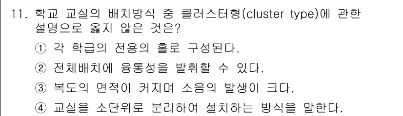 건축산업기사 2020년 11번 - . 북쪽의 면적이 커지며 소음의 발생이 크다. 

이 설명은 클러스터형 ... 에 관한 핵심 기출문제