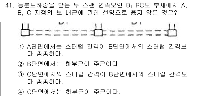 건축산업기사 2020년 41번 - 스팬 연속부재에서 각 부재 간에 전달되는 하중은 일정하게 분배되므로, D... 에 관한 핵심 기출문제