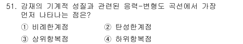 실내건축산업기사 2020년 51번 - 강재의 기계적 성질과 관련된 응력-변형도 곡선에서 가장 먼저 나타나는 점... 에 관한 핵심 기출문제