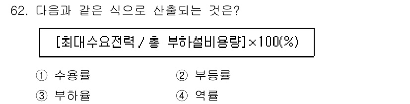 실내건축산업기사 2020년 62번 - 주어진 식은 시스템의 최대로 사용 가능한 전력과 부하 설비 용량의 비율을... 에 관한 핵심 기출문제
