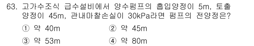 실내건축산업기사 2020년 63번 - 주어진 문제에서 펌프의 전양정은 흡입 양정과 토출 양정, 그리고 관내 마... 에 관한 핵심 기출문제