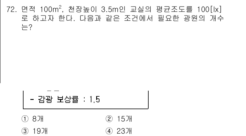 실내건축산업기사 2020년 72번 - 제시된 조건에서 평균 조도 100[lx]를 달성하기 위해 필요한 총 광속... 에 관한 핵심 기출문제