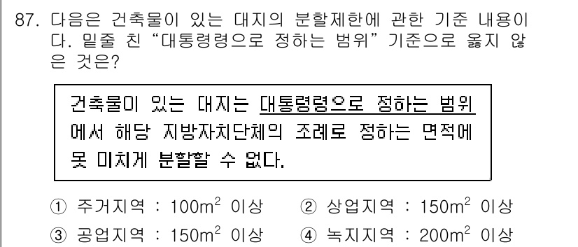 실내건축산업기사 2020년 87번 - 건축물의 대지는 법령에 의해 주거지, 상업지, 공업지, 녹지로 구분되며,... 에 관한 핵심 기출문제