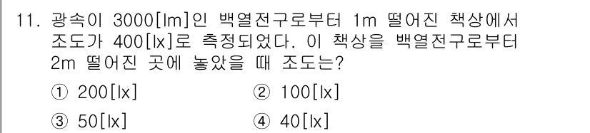 건축설비산업기사 2020년 11번 - 이 문제는 조도의 거리 제곱 법칙을 적용하여 해답을 구하는 것입니다. 처... 에 관한 핵심 기출문제