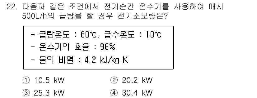 건축설비산업기사 2020년 22번 - 이 문제는 급탕을 위해 필요한 열량을 계산하는 것입니다. 급탕량 500L... 에 관한 핵심 기출문제
