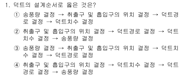 공조냉동기계산업기사 2020년 1번 - 덕트의 설계 순서는 일반적으로 송풍량을 기준으로 시작하여, 취출구 및 흡... 에 관한 핵심 기출문제