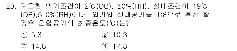 공조냉동기계산업기사 2020년 20번 - 혼합공기의 최종 온도를 구하기 위해 외기와 실내의 온도를 비율에 따라 가... 에 관한 핵심 기출문제