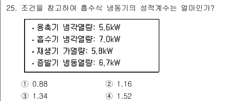 공조냉동기계산업기사 2020년 25번 - 냉동기의 성적계수(COP)는 냉동 출력을 총 입력 에너지로 나누어 계산합... 에 관한 핵심 기출문제