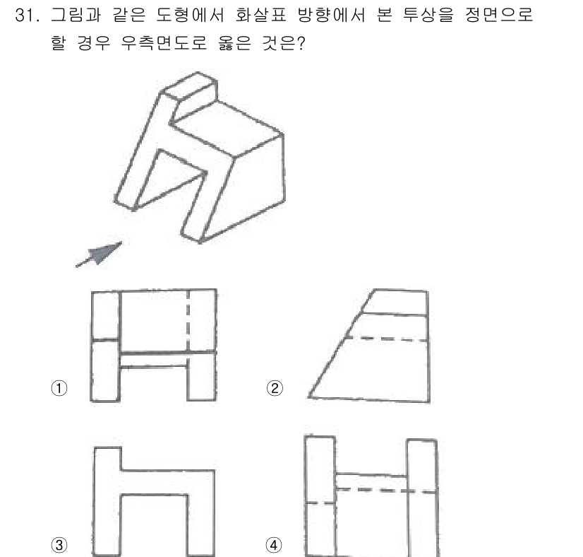 기계설계산업기사 2020년 32번 - 주어진 도형을 화살표 방향에서 바라봤을 때, 정면 투영에서의 형태를 이해... 에 관한 핵심 기출문제