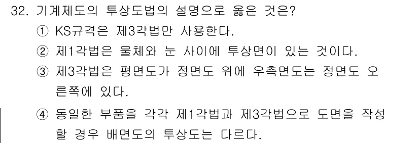 기계설계산업기사 2020년 33번 - 기계제도의 투상도법에 대한 설명 중에서 제3각법이 평면도가 정면도 위에 ... 에 관한 핵심 기출문제