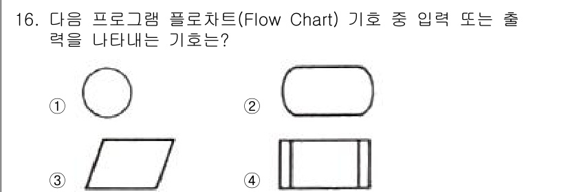 설비보전산업기사 2020년 16번 - 플로우차트에서 입력 또는 출력을 나타내는 기호는 일반적으로 평행사변형 또... 에 관한 핵심 기출문제