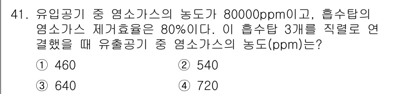 대기환경산업기사 2020년 41번 - 주어진 농도의 염소가스는 80000 ppm이며, 흡수탑의 제어효율이 80... 에 관한 핵심 기출문제