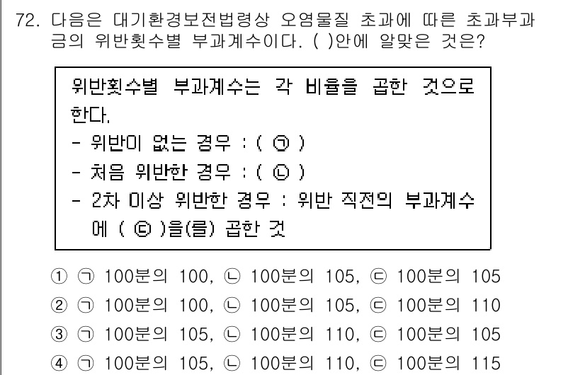 대기환경산업기사 2020년 71번 - 위반횟수별 부과체계는 각 비율을 기준으로 하여 결정됩니다. 이 문제에서 ... 에 관한 핵심 기출문제
