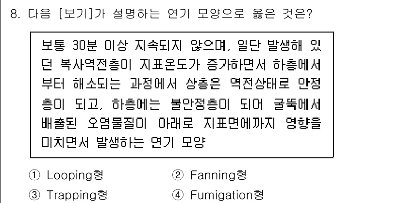 대기환경산업기사 2020년 8번 - 주어진 설명에서는 연기의 지속시간이 짧고, 하층에서 발생하는 불안정한 흐... 에 관한 핵심 기출문제