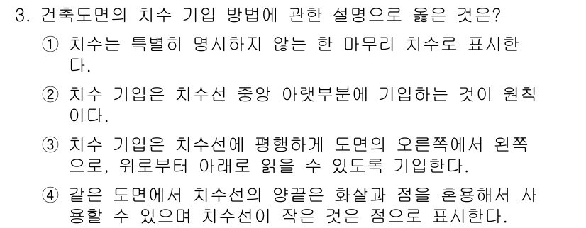 방수산업기사 2020년 3번 - 치수 기입 방법에서 중요한 점은 치수가 구체적이지 않은 경우 마무리 치수... 에 관한 핵심 기출문제