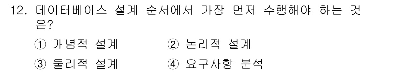 사무자동화산업기사 2020년 12번 - 데이터베이스 설계에서 가장 먼저 수행해야 하는 것은 '요구사항 분석'입니... 에 관한 핵심 기출문제