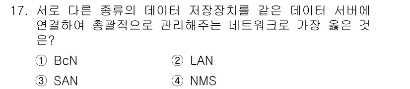 사무자동화산업기사 2020년 17번 - 정답은 '3. SAN'입니다. SAN(Storage Area Networ... 에 관한 핵심 기출문제