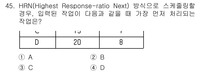 사무자동화산업기사 2020년 45번 - HRN (Highest Response-ratio Next) 방식에서는 ... 에 관한 핵심 기출문제