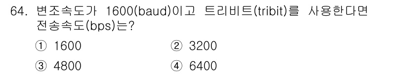 사무자동화산업기사 2020년 64번 - 변조속도가 1600 baud이고, 트리비트(3bit)를 사용하는 경우, ... 에 관한 핵심 기출문제