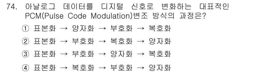 사무자동화산업기사 2020년 74번 - PCM(Pulse Code Modulation) 방식은 아날로그 신호를 ... 에 관한 핵심 기출문제