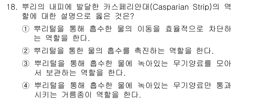 산림산업기사 2020년 18번 - 카스페리안대(Casparian Strip)는 뿌리의 세포벽에 위치해 물과... 에 관한 핵심 기출문제