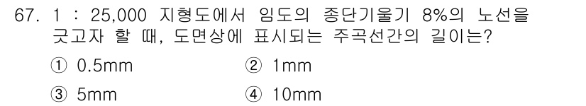 산림산업기사 2020년 67번 - 1:25,000 비율에서 8%의 노선을 그리려면 실제 거리의 8%를 측정... 에 관한 핵심 기출문제