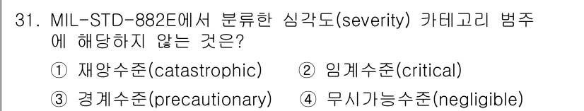 산업안전산업기사 2020년 31번 - 정답인 '3. 경계수준(precautionary)'은 MIL-STD-88... 에 관한 핵심 기출문제