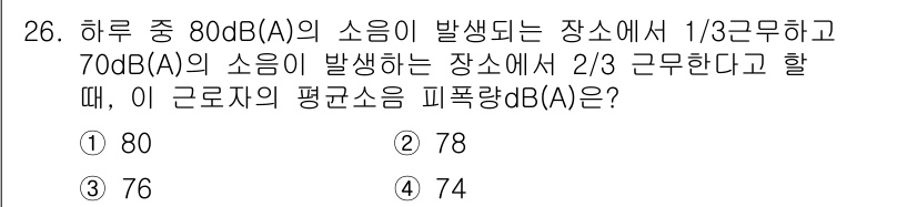 산업위생관리산업기사 2020년 26번 - 소음의 강도를 데시벨(dB)로 계산할 때, 각 장소의 소음 레벨에 해당하... 에 관한 핵심 기출문제