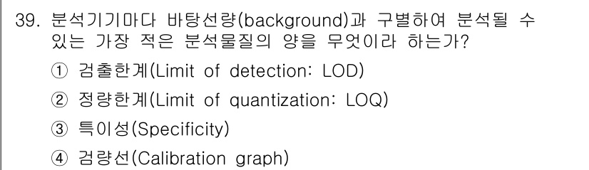 산업위생관리산업기사 2020년 39번 - 정답 '1'의 이유는 '검출한계(LOD)'가 분석기기가 배경과 구별하여 ... 에 관한 핵심 기출문제
