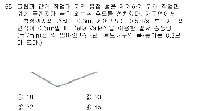 산업위생관리산업기사 2020년 65번 - 이 문제는 Della Valle식에 따른 송풍량 계산에 관한 것입니다. ... 에 관한 핵심 기출문제