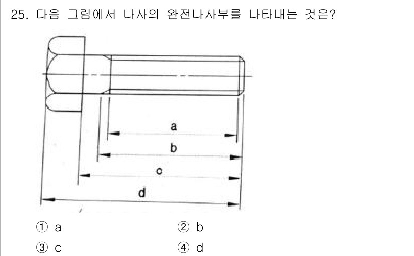 생산자동화산업기사 2020년 25번 - 정답 '1'인 'a'는 나사의 부분 중 완전 나사 부위를 나타냅니다. 나... 에 관한 핵심 기출문제