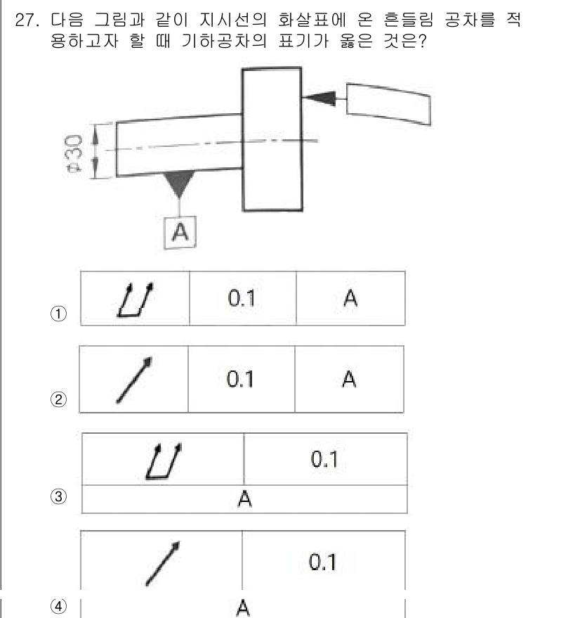 생산자동화산업기사 2020년 27번 - 주어진 그리드는 기하공차의 표기를 보여주며, 적절한 기하공차의 형상을 나... 에 관한 핵심 기출문제