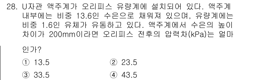 소방설비산업기사(기계) 2020년 29번 - 주어진 문제에서 U자관에서의 오리피스 전후 압력차를 구하는 방법은 유체의... 에 관한 핵심 기출문제