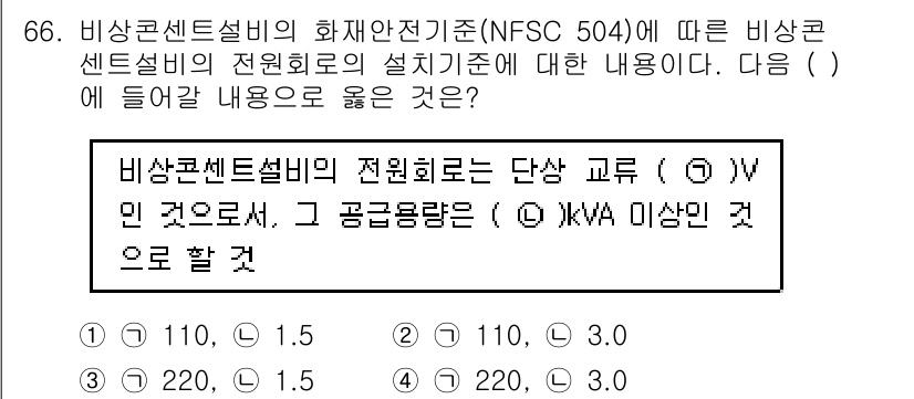 소방설비산업기사(전기) 2020년 66번 - 비상 콘센트 설비의 전원 회로는 단상 교류로, 전압은 220V가 기준입니... 에 관한 핵심 기출문제