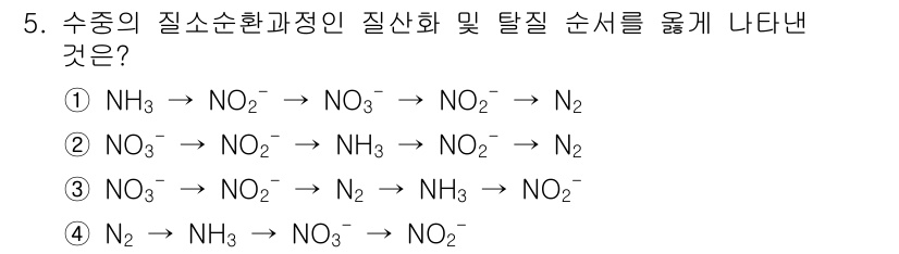 수질환경산업기사 2020년 6번 - 정답 '4'는 질소 순환 과정에서 질소 화합물이 어떻게 변환되는지를 올바... 에 관한 핵심 기출문제