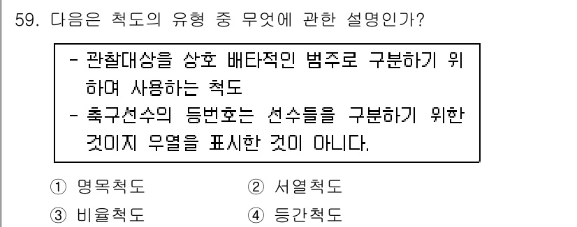 스포츠경영관리사 2020년 59번 - 주어진 설명은 관찰 대상을 배타적으로 분류하는 방법에 대한 것입니다. 이... 에 관한 핵심 기출문제