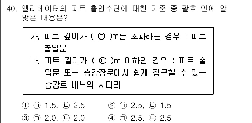 승강기산업기사 2020년 40번 - 주어진 문제는 엘리베이터의 피트 출입수단 기준에 관한 내용입니다. 옵션 ... 에 관한 핵심 기출문제