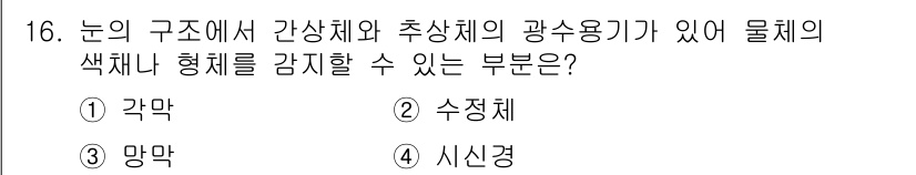 시각디자인산업기사 2020년 16번 - 눈의 구조에서 색채와 형체를 감지하는 데 중요한 역할을 하는 부분은 '망... 에 관한 핵심 기출문제