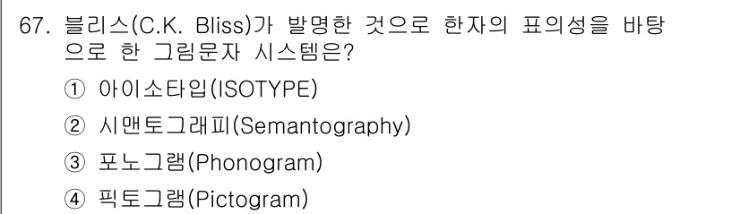 시각디자인산업기사 2020년 67번 - 정답인 '2. 시맨토그래피(Semantography)'는 C.K. Bli... 에 관한 핵심 기출문제
