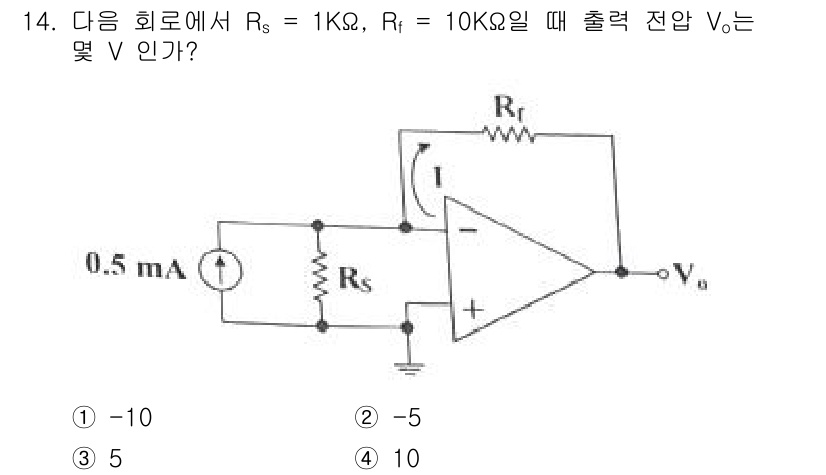 전자산업기사 2020년 14번 - 이 회로는 반전 증폭기입니다. 출력 전압 \( V_o \)는 입력 전류 ... 에 관한 핵심 기출문제