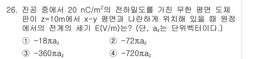 전자산업기사 2020년 26번 - 전기장(E)은 전하밀도(σ)에 비례하고, 평면 도체의 경우 전기장은 특정... 에 관한 핵심 기출문제